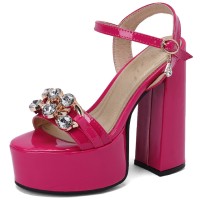 Chunky Heels Peep Toe Ankle Buckle Straps Crystal Decorated Platforms Pumps  - Rose Red