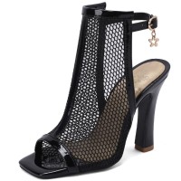 Peep Toe Block Heels Fishnet Transparent Ankle Back Straps Summer Boots - Black