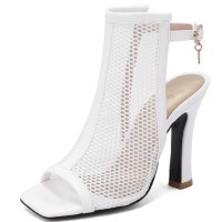 Peep Toe Block Heels Fishnet Transparent Ankle Back Straps Summer Boots - White