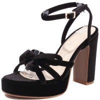 Peep Toe Ankle Buckle Straps Chunky Heels Platforms Velvet Sandals - Black