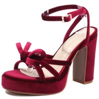 Peep Toe Ankle Buckle Straps Chunky Heels Platforms Velvet Sandals - Red