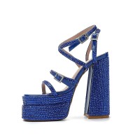 Square Open Toe Chunky Heels Ankle Buckle Cross Rhinestones Straps Platforms Sandals - Blue Microfiber
