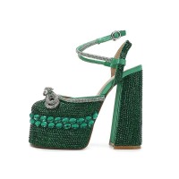 RoundToe Chunky Heels Ankle Buckle Trible Straps Pearl Ribbon Platforms Sandals - Green Microfiber