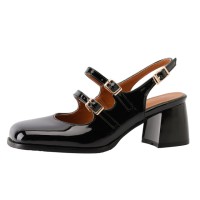 Round Toe Medium Chunky Heels Slingback Mary Janes Sandals Pumps - Black
