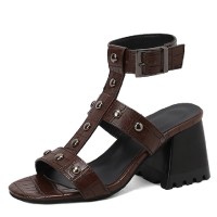 Peep Toe Ankle Straps Snake Print Chunky Heels Greek Roman Summer Sandals - Auburn