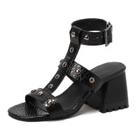 Peep Toe Ankle Straps Snake Print Chunky Heels Greek Roman Summer Sandals - Black