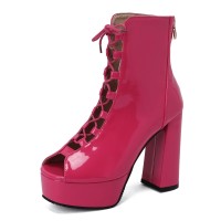 Peep Toe Knee High Lace Up Platforms Patent Chunky Heels Pumps Boots - Rose Red