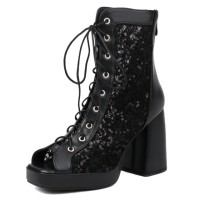 Peep Toe Platforms Chunky Heels Lace Up Mesh Summer Booties - Black