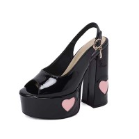 Peep Toe Heart-Shaped Pattern Glossy Chunky Heels Platforms Sandals  - Black Patent