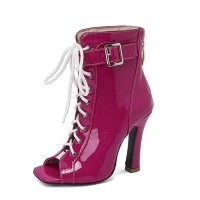 Peep Toe Glossy Lace Up Belt Buckle Ankle Highs Chunky Heels Spring Boots - Rose Red Patent