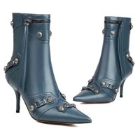 Pointed Toe Stiletto Heels Vintage Gothic Metal Buckle Zipper Ankle High Boots - Blue Faux Leather