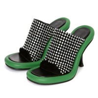 Peep Toe Point Heels Rhinestones Mules Slippers Sandals - Green