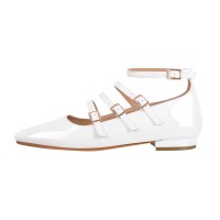 Square Toe Ankle Buckle Straps Patent Leather Mary Jane Retro Flats - White Patent
