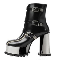 Round Toe Chunky Heels Platforms Robotic Black Silver Metallic Ankle Buckle Straps Boots - Black