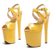 Peep Toe Stiletto Heels Smooth Ankle Cross Straps Platforms Sandals  - Yellow Patent