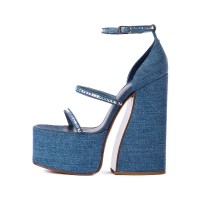 Peep Toe Chunky Heels Denim Rhinestones Platforms Ankle Buckle Straps Sandals - Blue