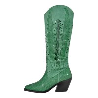 Pointed Toe Chunky Heels Glitter Bling Rhinestones Western Cowboy Knee Highs Boots - Green