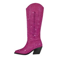 Pointed Toe Chunky Heels Glitter Bling Rhinestones Western Cowboy Knee Highs Boots - Hot Pink