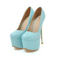 Round Toe Stiletto Golden Heels Texture Pattern Platforms Pumps - SkyBlue
