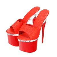 Peep Toe Snake Skin Print Platforms Half Transparent Stiletto Heels Sandals - Red Faux Leather