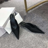 Pointed Toe Kitten Heels Elegant Summer Slippers Sandals - Black Silk