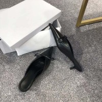 Pointed Toe Kitten Heels Elegant Summer Slippers Sandals - Black Leather