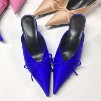 Pointed Toe Kitten Heels Elegant Summer Slippers Sandals - Blue Silk