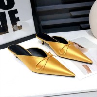 Pointed Toe Kitten Heels Elegant Summer Slippers Sandals - Gold Silk