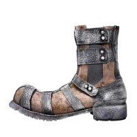 Round Toe Rustic Side Rivets Field Military Handmade Leather Tough Guy Style Chelsea Boots - Gray
