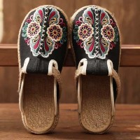 Casual Linen Round Toe Handmade Embroidery Summer Slippers Flats - Black Canvas