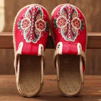 Casual Linen Round Toe Handmade Embroidery Summer Slippers Flats - Red Canvas