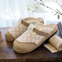 Casual Linen Round Toe Handmade Embroidery Summer Slippers Flats - Beige Canvas