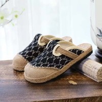 Casual Linen Round Toe Handmade Embroidery Summer Slippers Flats - Black Canvas