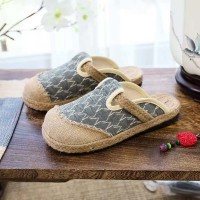 Casual Linen Round Toe Handmade Embroidery Summer Slippers Flats - Green Canvas