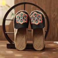 Casual Linen Round Toe Handmade Embroidery Summer Slippers Flats - Black Canvas