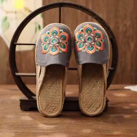Casual Linen Round Toe Handmade Embroidery Summer Slippers Flats - Gray Canvas