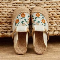 Casual Linen Round Toe Handmade Embroidery Summer Slippers Flats - Beige Canvas