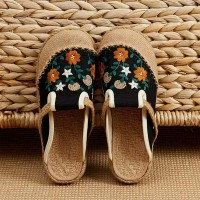 Casual Linen Round Toe Handmade Embroidery Summer Slippers Flats - Black Canvas
