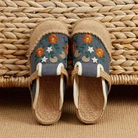 Casual Linen Round Toe Handmade Embroidery Summer Slippers Flats - Gray Canvas