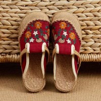 Casual Linen Round Toe Handmade Embroidery Summer Slippers Flats - Red Canvas
