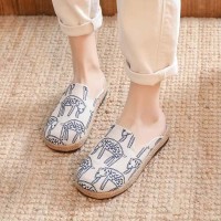 Casual Linen Round Toe Handmade Embroidery Summer Slippers Flats - Beige Canvas