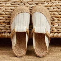 Casual Linen Round Toe Handmade Embroidery Summer Slippers Flats - Beige Canvas