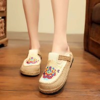 Casual Linen Round Toe Handmade Embroidery Summer Slippers Flats - Beige Canvas