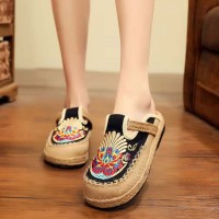 Casual Linen Round Toe Handmade Embroidery Summer Slippers Flats - Black Canvas