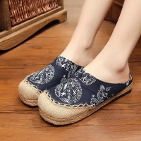 Casual Linen Round Toe Handmade Embroidery Summer Slippers Flats - Navy Canvas