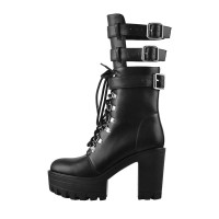 Round Toe Chunky Heels Lace Up Platforms Ankle Highs Buckle Straps Boots - Black