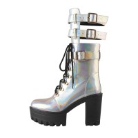 Round Toe Chunky Heels Lace Up Platforms Ankle Highs Buckle Straps Boots - Silver