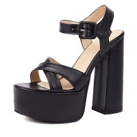 Square Open Toe Chunky Heels Ankle Buckle Straps Crocoide Pattern Sandals - Black Faux Leather