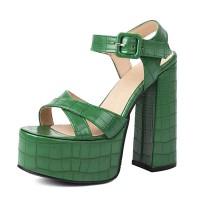 Square Open Toe Chunky Heels Ankle Buckle Straps Crocoide Pattern Sandals - Green Faux Leather