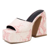 Round Toe Chunky Heels Platforms Outdoor Sandals - White Pink